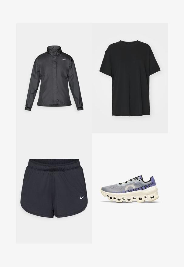 Musta tuulitakki, jossa on korkea kaulus, vetoketjullinen etuosa ja Nike-logo rinnassa; valmistettu sileästä ja kevyestä kankaasta.; Musta lyhythihainen t-paita, joka on valmistettu sileästä kankaasta. Paidan muotoilu on pyöreä kaula-aukko ja väljä istuvuus. Lisämukavuutta ja hengittävyyttä lisäävät sivuhalkiot.; Mustat urheilushortsit, jotka on valmistettu kevyestä ja hengittävästä kankaasta. Sisältää joustavan vyötärönauhan ja valkoisen Nike-logon oikeassa alareunassa.; On CLOUDMONSTER - Katujuoksukengät - mist blueberry
