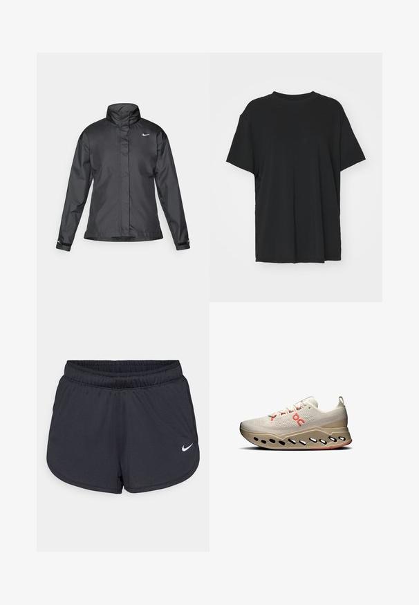 Czarna kurtka przeciwwiatrowa z wysokim kołnierzem, pełnym zamkiem z przodu i logo Nike na piersi; wykonana z gładkiego, lekkiego materiału.; Czarna krótko rękawowa koszulka wykonana z gładkiego materiału, z okrągłym dekoltem i luźnym krojem. Posiada boczne rozcięcia, które zapewniają dodatkowy komfort i przewiewność.; Czarne szorty sportowe wykonane z lekkiego, oddychającego materiału. Posiadają elastyczny pas i biały logo Nike na dolnym prawym boku.; Jasno beżowe buty sportowe z teksturowaną cholewką, czerwonymi akcentami i innowacyjną podeszwą z wycięciami zapewniającymi wentylację i amortyzację.
