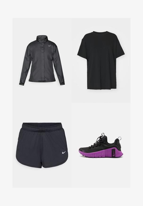 Black windbreaker jacket featuring a high collar, full zip front, and Nike logo on the chest; made of smooth, lightweight fabric.; Black short-sleeve t-shirt made of smooth fabric, with a crew neck and loose fit. Features side slits for added comfort and breathability.; Black athletic shorts made of lightweight, breathable fabric. Features an elastic waistband and white Nike logo on the lower right side.; Black athletic shoe with a textured fabric upper, purple rubber sole, and thick traction pattern. Features laces and a small Nike logo.