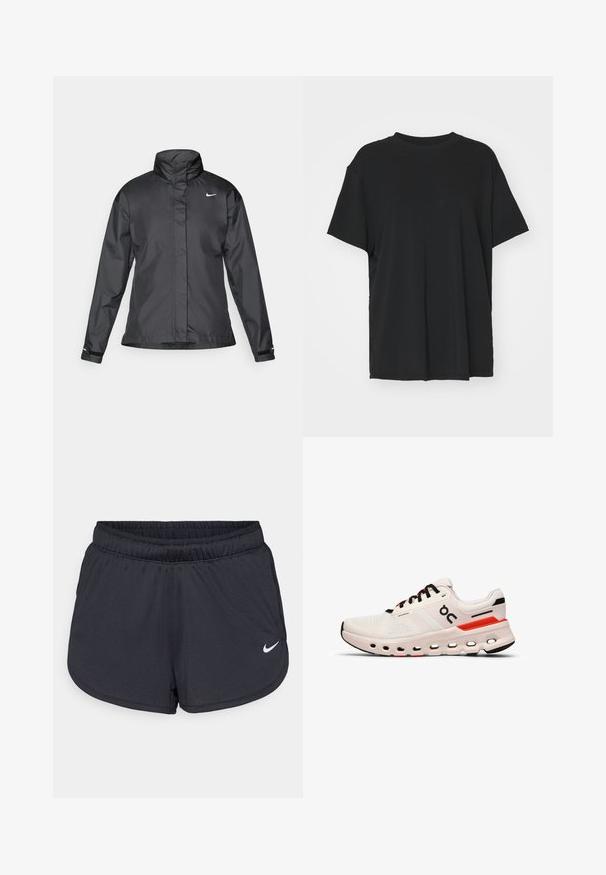 Zwarte windjack met een hoge kraag, volledige rits aan de voorkant en het Nike-logo op de borst; gemaakt van gladde, lichte stof.; Zwarte korte mouwen t-shirt van soepel stof, met een ronde hals en een losse pasvorm. Heeft zij-splitten voor extra comfort en ademend vermogen.; Zwarte sportieve shorts van lichtgewicht, ademend materiaal. Voorzien van een elastische tailleband en een wit Nike-logo aan de rechteronderzijde.; On CLOUDRUNNER 2 - Hardloopschoenen voor op de weg - undyed sand