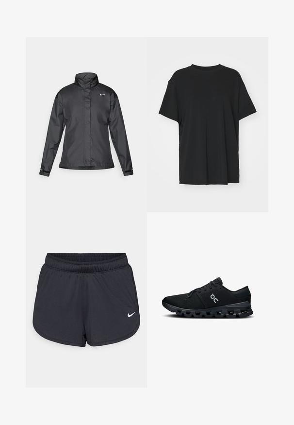 Crna vremenska jakna s visokim ovratnikom, punim zatvaračem sprijeda i Nike logom na grudima; izrađena od glatkog, laganog materijala.; Crna majica kratkih rukava napravljena od glatkog materijala, s okruglim izrezom i slobodnim krojem. Ima bočne proreze za dodatnu udobnost i prozračnost.; Crne atletske kratke hlače napravljene od laganog, prozračnog materijala. Imaju elastičnu traku u struku i bijeli Nike logo na donjoj desnoj strani.; Crne sportske cipele s prozračnom mrežastom gornjom površinom, elegantnim dizajnom i amortizirajućom potplatom koja ima jedinstveni, segmentirani uzorak gaznoga sloja.