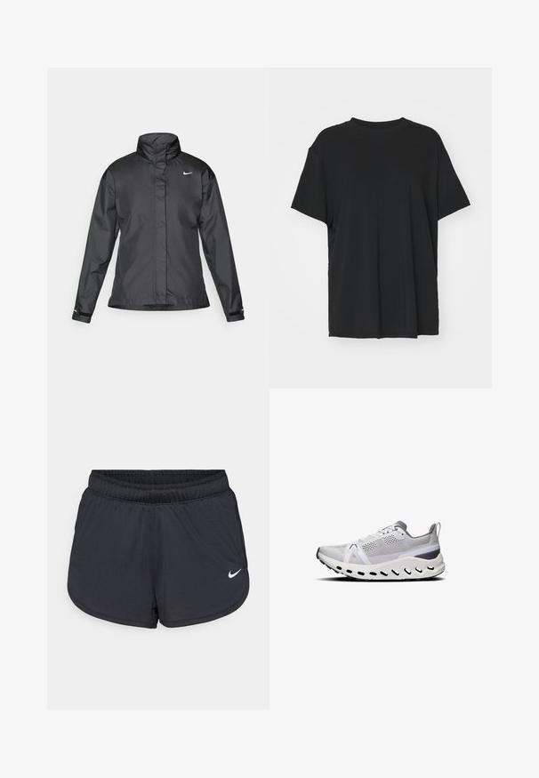 Black windbreaker jacket featuring a high collar, full zip front, and Nike logo on the chest; made of smooth, lightweight fabric.; Black short-sleeve t-shirt made of smooth fabric, with a crew neck and loose fit. Features side slits for added comfort and breathability.; Black athletic shorts with an elastic waistband, featuring a sporty design and a white Nike logo on the lower front. Textured fabric.; White athletic shoes with a mesh upper, grey accents, thick cushioning sole, and multiple ventilation holes along the bottom edge.