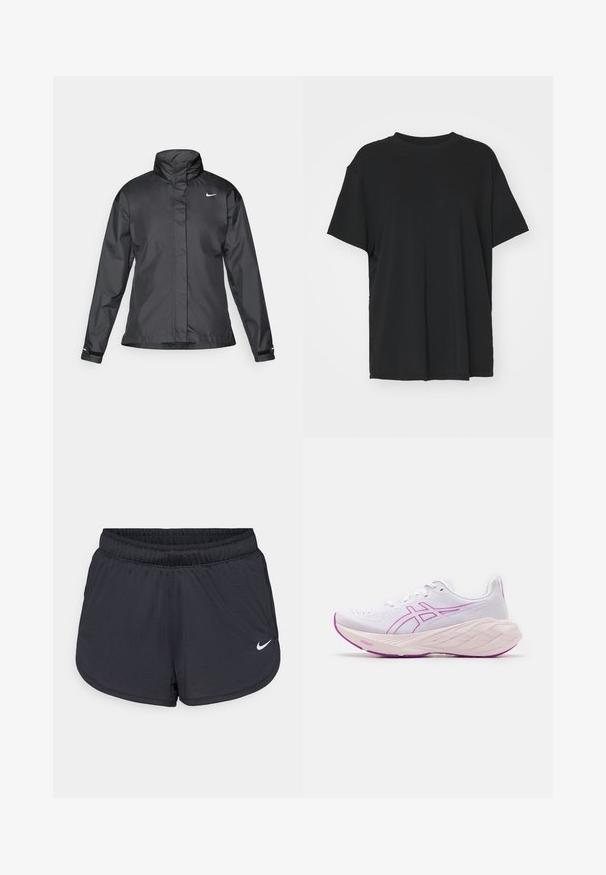 Must mustakate libi, millel on kõrge krae, täispikk tõmblukk ja Nike logo rinnal; valmistatud siledast, kergetest kangast.; Must have lühikeste varrukatega must t-särk, mis on valmistatud siledast kangast, ümmarguse kaelusega ja laia lõikega. Omab külgslitsid, mis pakuvad lisamugavust ja hingavust.; Mustad sportlikud lühikesed püksid elastse vöökohaga, millel on spordilik disain ja valge Nike logo alumisel esiküljel. Kootud kangas.; Valge sportlik king, millel on roosa aktsent, tekstureeritud ülemine osa, kerge disain ja paks, mitmekihiline tald. Külje peal on logo.