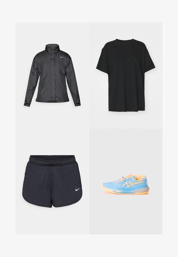 Black windbreaker jacket featuring a high collar, full zip front, and Nike logo on the chest; made of smooth, lightweight fabric.; Black short-sleeve t-shirt made of smooth fabric, with a crew neck and loose fit. Features side slits for added comfort and breathability.; Black athletic shorts with an elastic waistband, featuring a sporty design and a white Nike logo on the lower front. Textured fabric.; Light blue athletic shoe with orange accents; mesh upper, round toe, and textured sole for grip. Features branded detailing and laces.