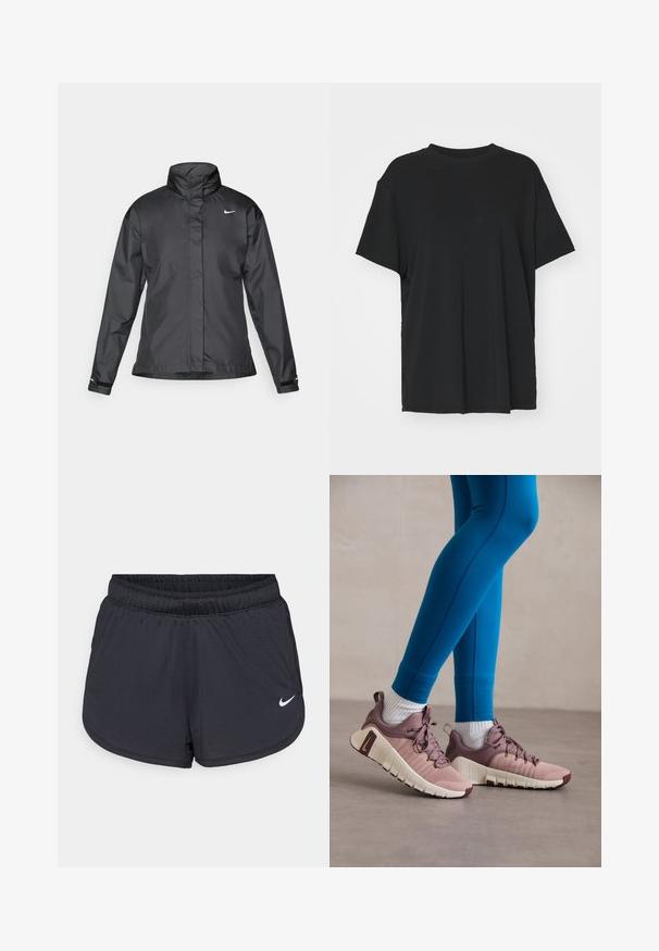 Sort vindjakke med høj krave, fuld lynlås foran og Nike-logo på brystet; lavet af glat, let vævning.; Sort kortærmet t-shirt lavet af glat stof, med rund hals og løs pasform. Har sideskår for ekstra komfort og åndbarhed.; Sorte atletikshorts med elastisk talje, med et sporty design og en hvid Nike-logo på den nederste front. Tekstureret stof.; Diverse sko i lyserød og beige med teksturerede sidelapper, brune detaljer og fleksible såler. Bæres sammen med blå leggings og hvide sokker.