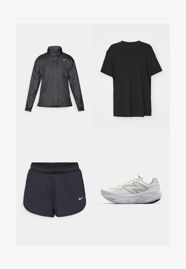 Black windbreaker jacket featuring a high collar, full zip front, and Nike logo on the chest; made of smooth, lightweight fabric.; Black short-sleeve t-shirt made of smooth fabric, with a crew neck and loose fit. Features side slits for added comfort and breathability.; Black athletic shorts with an elastic waistband, featuring a sporty design and a white Nike logo on the lower front. Textured fabric.; White athletic shoes with a mesh upper, featuring a padded collar, textured sole, and the "Fresh Foam" branding on the midsole.