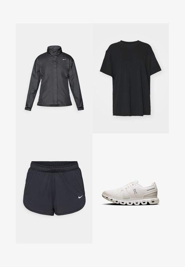 Sort vindjakke med høj krave, fuld lynlås foran og Nike-logo på brystet; lavet af glat, let vævning.; Sort kortærmet t-shirt lavet af glat stof, med rund hals og løs pasform. Har sideskår for ekstra komfort og åndbarhed.; Sorte atletikshorts med elastisk talje, med et sporty design og en hvid Nike-logo på den nederste front. Tekstureret stof.; Hvid atletisk sko med en mesh-overdel, flade snørebånd og en karakteristisk sål med segmenteret polstring og subtile grå detaljer.