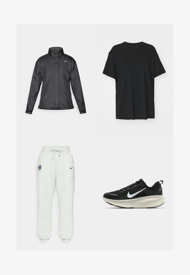 Black windbreaker jacket featuring a high collar, full zip front, and Nike logo on the chest; made of smooth, lightweight fabric.; Black short-sleeve t-shirt made of smooth fabric, with a crew neck and loose fit. Features side slits for added comfort and breathability.; Light grey sweatpants with an elastic waistband, drawstring, cuffed ankles, and a navy emblem featuring a logo on the left thigh.; Black Nike running shoe with breathable mesh upper, white swoosh logo, textured detailing, and a cream-colored ZoomX midsole.