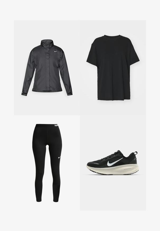 Czarna kurtka przeciwwiatrowa z wysokim kołnierzem, pełnym zamkiem z przodu i logo Nike na piersi; wykonana z gładkiego, lekkiego materiału.; Czarna krótko rękawowa koszulka wykonana z gładkiego materiału, z okrągłym dekoltem i luźnym krojem. Posiada boczne rozcięcia, które zapewniają dodatkowy komfort i przewiewność.; Nike Performance Rajstopy; Czarna biegowa półbut z oddychającej siateczki, białym logo swoosh, teksturowanymi detalami oraz kremową podeszwą środkową ZoomX.