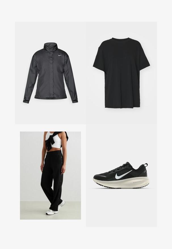 Veste coupe-vent noire avec un col haut, fermeture éclair complète à l'avant et logo Nike sur la poitrine ; fabriquée en tissu lisse et léger.; T-shirt noir à manches courtes en tissu lisse, avec un col ras du cou et une coupe décontractée. Présente des fentes sur les côtés pour plus de confort et de respirabilité.; Pantalon de jogging noir avec boutons pression sur le côté, taille élastique et deux poches latérales. Le tissu semble doux avec une texture lisse.; Baskets de course noir Nike avec tige respirante en mesh, logo swoosh blanc, détails texturés et semelle intermédiaire ZoomX de couleur crème.