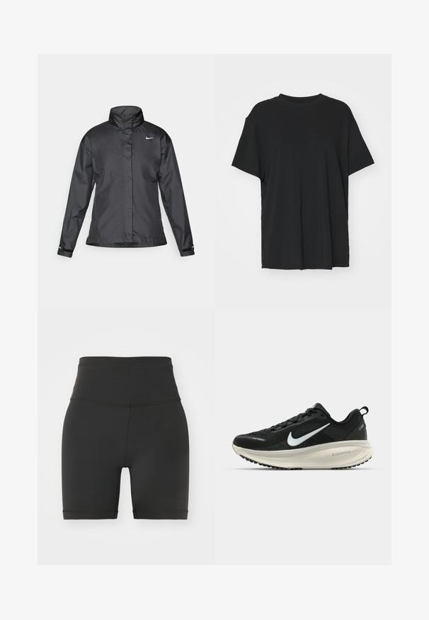 Melnā vēja izturīgā jaka ar augstu apkakli, pilnu rāvējslēdzēju priekšpusē un Nike logo uz krūšu; izgatavota no gludas, vieglas auduma.; Melna īsām piedurknēm T-krekli, izgatavots no gludas auduma, ar apaļu kakla izgriezumu un brīvu piegriezumu. Satur sānu šķēlumu, lai nodrošinātu papildu komfortu un gaisa caurlaidību.; Melni augstās jostas riteņbraukšanas šorti, kas izgatavoti no elastīga auduma, ar gludu tekstūru, pieguļošu dizainu un apmāktām malām. Nav redzamu rakstu vai akcentu.; Melnas Nike skriešanas kurpes ar elpojošu acs augšdaļu, baltu Swoosh logotipu, strukturētu apdari un krēmkrāsas ZoomX starpsole.