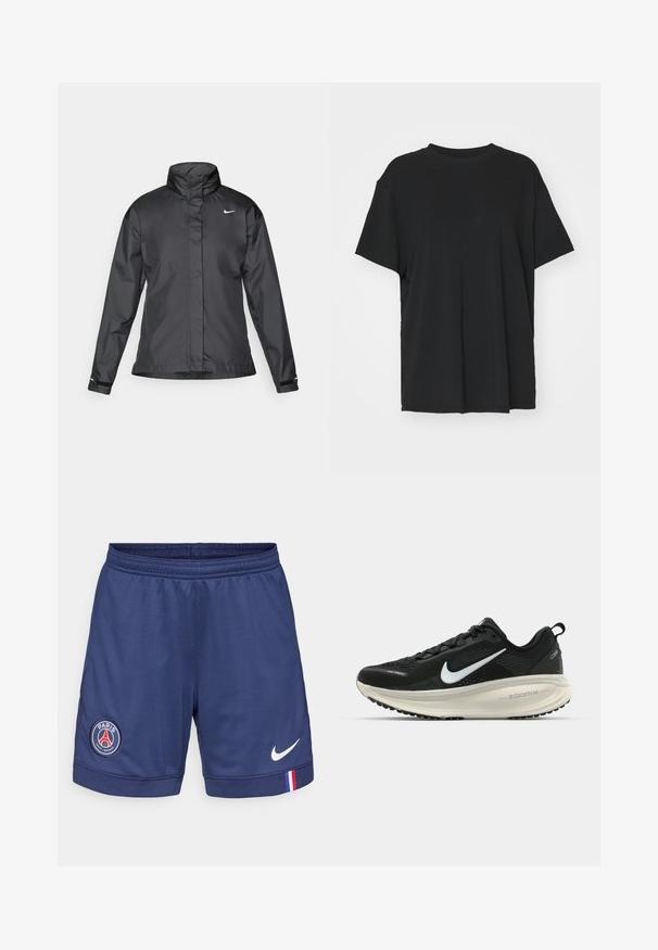 Črna vetrovka z višjim ovratnikom, popolnim zadrgo spredaj in logotipom Nike na prsih; izdelana iz gladkega, lahkega materiala.; Črna kratka majica s kratkimi rokavi, izdelana iz gladkega materiala, s kroјnim ovratnikom in prostim krojem. Ima stranske razpoke za dodatno udobje in zračnost.; Mornarsko modri atletski šortsi iz dihljive tkanine, slogo Paris Saint-Germain in belim Nike simbolom na spodnjem desnem delu.; Črne Nike tekaške čevlje z zračno mrežno zgornjim delom, belim logotipom Swoosh, teksturiranimi detajli in smetanasto barvnim srednjim delom ZoomX.