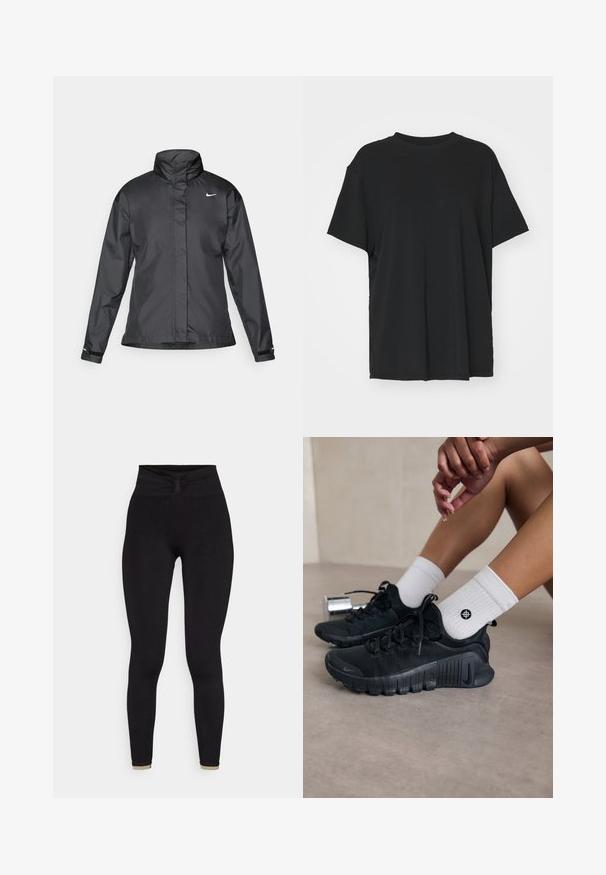 Jachetă neagră tip windbreaker cu guler înalt, fermoar înaintat și logo Nike pe piept; fabricată dintr-un material neted și ușor.; Tricou negru cu mânecă scurtă, fabricat dintr-un material neted, cu guler rotund și croială lejeră. Dispune de fante laterale pentru un plus de confort și respirație.; Leggings negre cu un talie înaltă, plisată și o textură netedă și elastică. Prezintă o siluetă ajustată și un accent subtil bej la tiv.; Pantofi sport negri din material texturat, cu un design cu sireturi și o talpă proeminentă, asortați cu șosete albe cu model cu nervuri, având un mic logo.