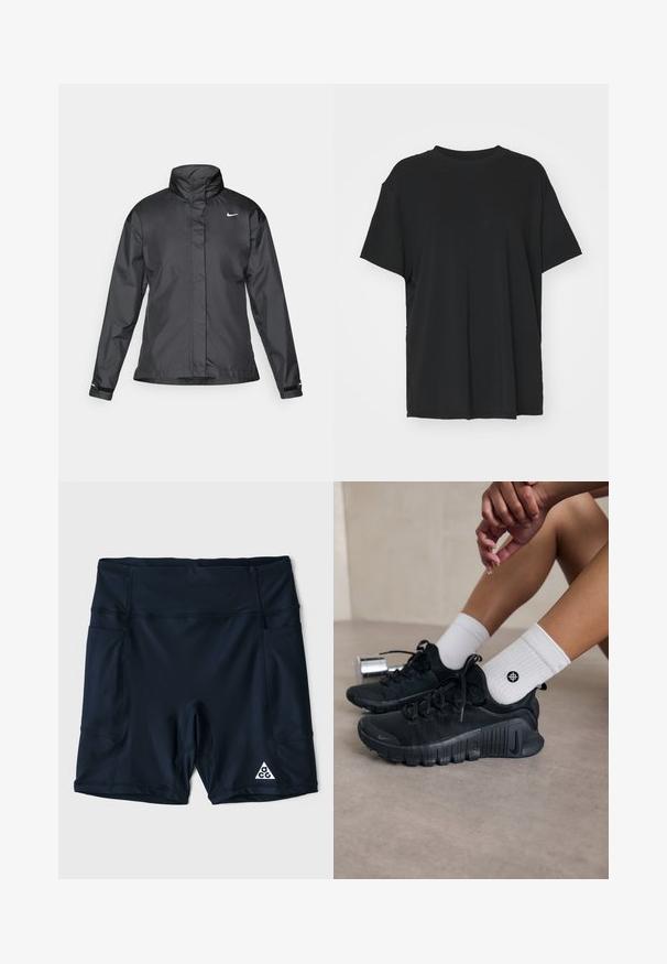 Black windbreaker jacket featuring a high collar, full zip front, and Nike logo on the chest; made of smooth, lightweight fabric.; Black short-sleeve t-shirt made of smooth fabric, with a crew neck and loose fit. Features side slits for added comfort and breathability.; Navy blue athletic shorts made of stretch fabric, featuring a high waistband, side pockets, and a white logo in the bottom right corner.; Black athletic shoes with textured fabric, laced design, and a prominent sole, paired with white ribbed socks featuring a small logo.