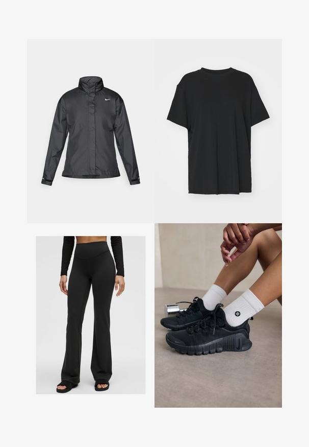 Fekete szélálló dzseki magas gallérral, teljes cipzárral elöl és Nike logóval a mellkason; sima, könnyű anyagból készült.; Fekete, rövid ujjú póló sima anyagból, kerek nyakkivágással és laza szabással. Oldalhasítékokkal a kényelem és a légáteresztés érdekében.; Fekete, bővülő nadrág rugalmas anyagból, magas derekú dizájnnal. Sima textúra, minimális varrás, fekete papucsokkal viselve.; Fekete sportcipők texturált anyagból, fűzős kialakítással és hangsúlyos talppal, fehér bordás zoknikkal párosítva, melyek kis logóval rendelkeznek.