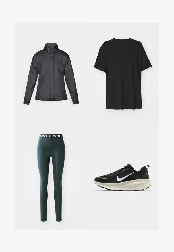 Fekete szélálló dzseki magas gallérral, teljes cipzárral elöl és Nike logóval a mellkason; sima, könnyű anyagból készült.; Fekete, rövid ujjú póló sima anyagból, kerek nyakkivágással és laza szabással. Oldalhasítékokkal a kényelem és a légáteresztés érdekében.; Sötétzöld leggings elasztikus anyagból, széles derékrésszel, amelyen a "PRO NIKE" logo található, és egy kis fehér Nike swoosh az oldalon.; Fekete Nike futócipő légáteresztő hálós felsőrésszel, fehér Swoosh logóval, textúrázott részletekkel és krém színű ZoomX középtalppal.