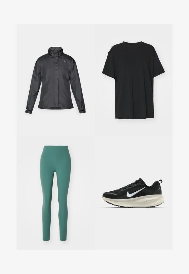 Czarna kurtka przeciwwiatrowa z wysokim kołnierzem, pełnym zamkiem z przodu i logo Nike na piersi; wykonana z gładkiego, lekkiego materiału.; Czarna krótko rękawowa koszulka wykonana z gładkiego materiału, z okrągłym dekoltem i luźnym krojem. Posiada boczne rozcięcia, które zapewniają dodatkowy komfort i przewiewność.; Legginsy z wysokim stanem w jednolitym kolorze teal, wykonane z elastycznego materiału o gładkiej fakturze, z dopasowanym krojem i bez widocznych szwów.; Czarna biegowa półbut z oddychającej siateczki, białym logo swoosh, teksturowanymi detalami oraz kremową podeszwą środkową ZoomX.