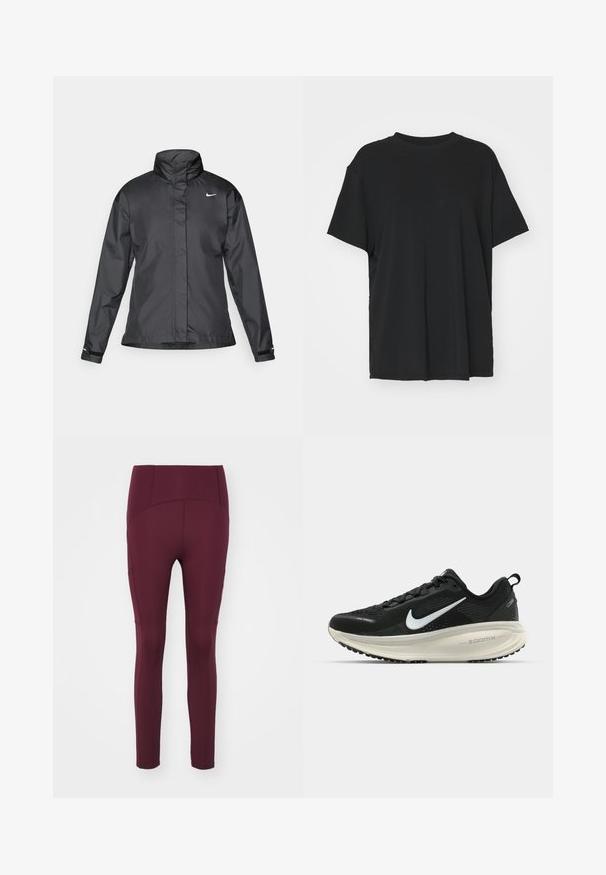 Čierna vetrovka s vysokým golierom, plným zipsom na prednej strane a logom Nike na hrudi; vyrobená z hladkej, ľahkej tkaniny.; Čierne tričko s krátkym rukávom vyrobené z hladkej tkaniny, s okrúhlym výstrihom a voľným strihom. Obsahuje bočné rozparky pre väčšie pohodlie a priedušnosť.; Bordové legíny vyrobené z elastického materiálu, s vysokým pásom a plochými švami. Majú priliehavý strih a hladkú textúru.; Čierne bežecké topánky Nike s priedušnou sieťovinou, bielym logom s symbolom swoosh, textúrovanými detailmi a krémovou ZoomX medzipodrážkou.