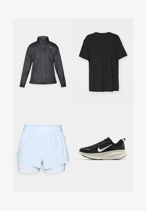 Black windbreaker jacket featuring a high collar, full zip front, and Nike logo on the chest; made of smooth, lightweight fabric.; Black short-sleeve t-shirt made of smooth fabric, with a crew neck and loose fit. Features side slits for added comfort and breathability.; Light blue athletic shorts with a layered design, elastic waistband, and inner shorts. Features Nike logo on the lower right side.; Black Nike running shoe with breathable mesh upper, white swoosh logo, textured detailing, and a cream-colored ZoomX midsole.