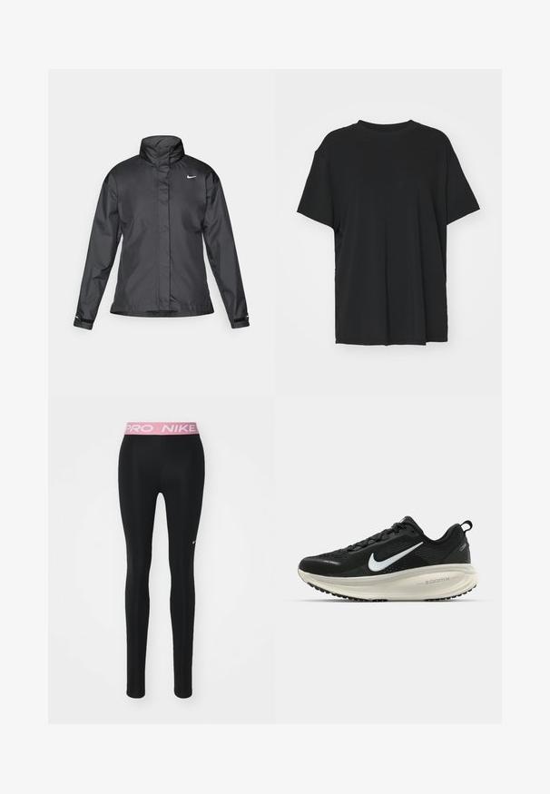 Czarna kurtka przeciwwiatrowa z wysokim kołnierzem, pełnym zamkiem z przodu i logo Nike na piersi; wykonana z gładkiego, lekkiego materiału.; Czarna krótko rękawowa koszulka wykonana z gładkiego materiału, z okrągłym dekoltem i luźnym krojem. Posiada boczne rozcięcia, które zapewniają dodatkowy komfort i przewiewność.; Czarne legginsy o dopasowanym kroju, elastyczny różowy pas z napisem "PRO NIKE" oraz małym białym logo Nike z przodu.; Czarna biegowa półbut z oddychającej siateczki, białym logo swoosh, teksturowanymi detalami oraz kremową podeszwą środkową ZoomX.
