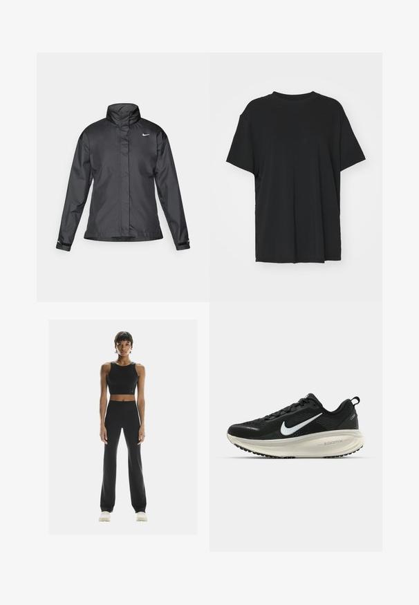 Schwarze Windjacke mit hochgeschlossenem Kragen, durchgehendem Reißverschluss und Nike-Logo auf der Brust; aus glattem, leichtem Material gefertigt.; Schwarzes T-Shirt mit kurzen Ärmeln aus glattem Stoff, mit Rundhalsausschnitt und lockerer Passform. Verfügt über seitliche Schlitze für zusätzlichen Komfort und Atmungsaktivität.; On STUDIO - Tights - black; Schwarzer Nike-Laufschuh mit atmungsaktivem Mesh-Obermaterial, weißem Swoosh-Logo, strukturierten Details und einer cremefarbenen ZoomX-Zwischensohle.