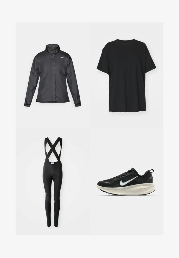 Casaco corta-vento preto com colarinho alto, fecho éclair frontal e logótipo da Nike no peito; feito de um tecido suave e leve.; T-shirt preto de manga curta feito de tecido suave, com decote redondo e corte solto. Apresenta aberturas laterais para maior conforto e respirabilidade.; Tights de ciclismo pretas com almofada na zona do assento e alças cruzadas, exibidas contra um fundo branco.; Sapatilha de corrida Nike preta com parte superior de malha respirável, logotipo Swoosh branco, detalhes texturizados e uma entressola ZoomX na cor creme.