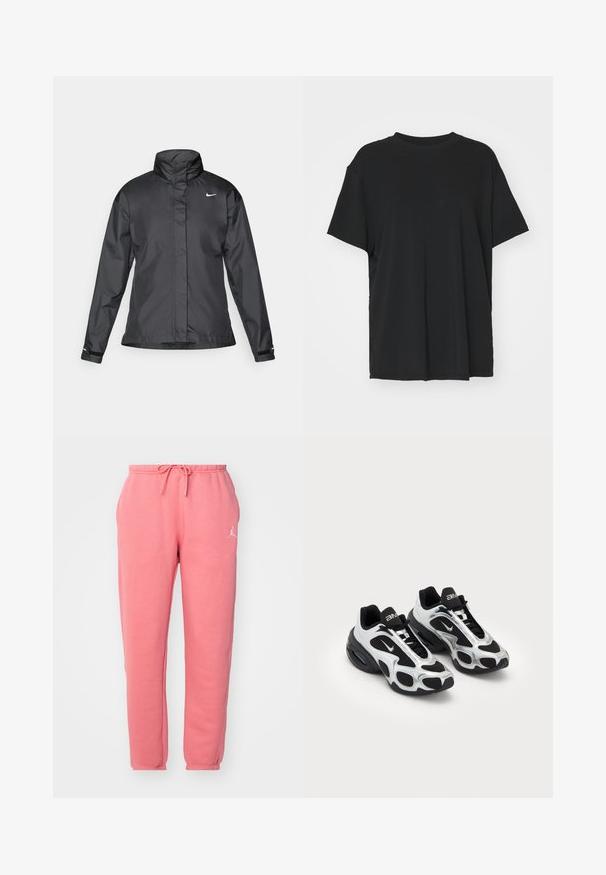 Black windbreaker jacket featuring a high collar, full zip front, and Nike logo on the chest; made of smooth, lightweight fabric.; Black short-sleeve t-shirt made of smooth fabric, with a crew neck and loose fit. Features side slits for added comfort and breathability.; Pink sweatpants with an elastic waistband and drawstring, featuring a white logo accent on the left leg and a smooth, soft texture.; Black and silver athletic shoes with a mesh and synthetic upper, featuring a distinctive wavy design and padded collar, air cushioning in the sole.