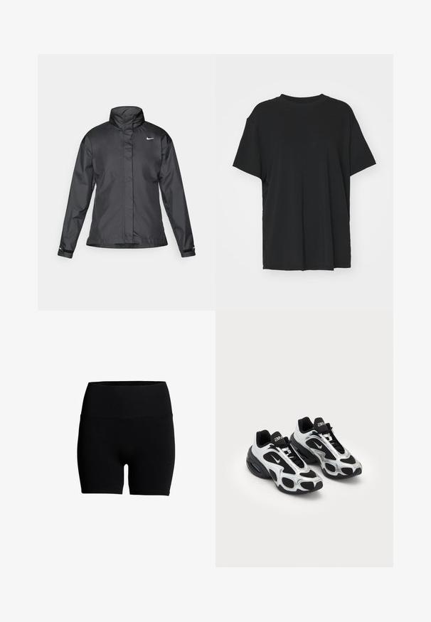 Chaqueta cortavientos negra con cuello alto, cierre frontal de cremallera completa y logo de Nike en el pecho; fabricada con un tejido suave y ligero.; Camiseta negra de manga corta hecha de tejido suave, con cuello redondo y corte holgado. Presenta aberturas laterales para mayor comodidad y transpirabilidad.; Pantalones cortos de mezcla de algodón negros con una cinturilla elástica alta, textura suave y un diseño ajustado. Sin patrones visibles ni detalles de herrajes.; Zapatos deportivos negros y plateados con parte superior de malla y sintético, que presentan un diseño ondulante distintivo y un collar acolchado, con amortiguación de aire en la suela.