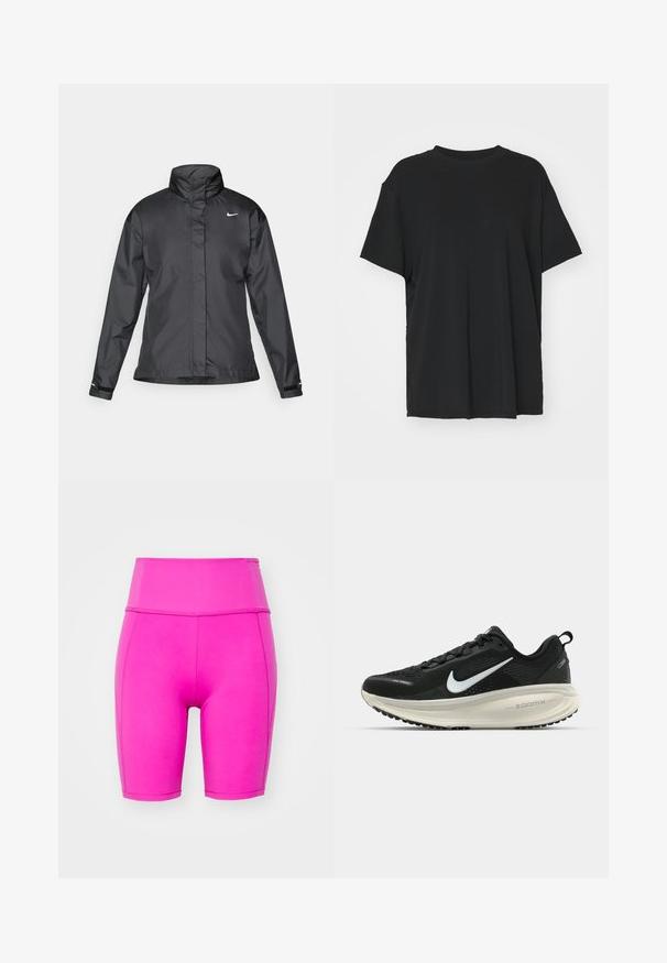 Svart vindjacka med hög krage, hel dragkedja fram och Nike-logga på bröstet; tillverkad av ett mjukt, lätt tyg.; Svart kortärmad t-shirt i slätt tyg, med rund hals och lös passform. Har sidslitsar för ökad komfort och andningsförmåga.; Girlfriend Collective COMPRESSIVE HIGH RISE BIKE SHORTS - Tights - ultraviolet; Svart Nike löparsko med andningsbart mesh-ovandel, vit swoosh-logotyp, texturerad detaljering och en krämfärgad ZoomX-mellansula.