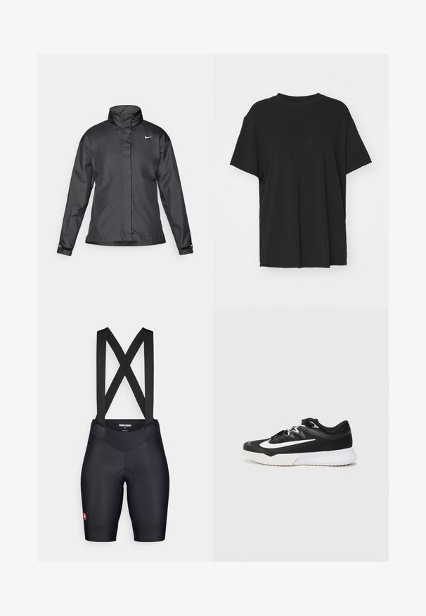 Črna vetrovka z višjim ovratnikom, popolnim zadrgo spredaj in logotipom Nike na prsih; izdelana iz gladkega, lahkega materiala.; Črna kratka majica s kratkimi rokavi, izdelana iz gladkega materiala, s kroјnim ovratnikom in prostim krojem. Ima stranske razpoke za dodatno udobje in zračnost.; Črne kolesarske kratke hlače z naramnicami, ki se prepletajo, z oblazinjenim sedežem in gladkim, elastičnim materialom za udobje in fleksibilnost.; Črne športne čevlje z belimi poudarki, ki imajo teksturirano zgornje plast, okroglo konico, ravne vezalke in debel bel gumijast podplat.