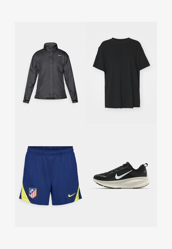 Schwarze Windjacke mit hochgeschlossenem Kragen, durchgehendem Reißverschluss und Nike-Logo auf der Brust; aus glattem, leichtem Material gefertigt.; Schwarzes T-Shirt mit kurzen Ärmeln aus glattem Stoff, mit Rundhalsausschnitt und lockerer Passform. Verfügt über seitliche Schlitze für zusätzlichen Komfort und Atmungsaktivität.; Marineblaues Sportshorts mit gelben Akzenten, ausgestattet mit einem elastischen Bund und seitlichen Einsätzen. Besticktes Vereinslogo auf dem linken Oberschenkel.; Schwarzer Nike-Laufschuh mit atmungsaktivem Mesh-Obermaterial, weißem Swoosh-Logo, strukturierten Details und einer cremefarbenen ZoomX-Zwischensohle.