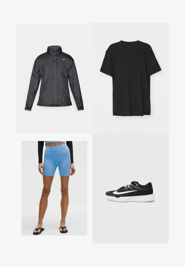 Zwarte windjack met een hoge kraag, volledige rits aan de voorkant en het Nike-logo op de borst; gemaakt van gladde, lichte stof.; Zwarte korte mouwen t-shirt van soepel stof, met een ronde hals en een losse pasvorm. Heeft zij-splitten voor extra comfort en ademend vermogen.; Lichtblauwe sportshorts van soepel, rekbaar materiaal. Heeft een hoge taille en een aansluitend ontwerp, gecombineerd met zwarte slippers.; Zwarte sportieve schoen met witte accenten, met een gestructureerde bovenkant, ronde neus, platte veters en een dikke witte rubberen zool.