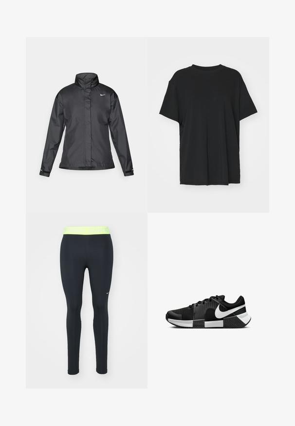 Svarte vindjakke med høy krage, full glidelås foran og Nike-logo på brystet; laget av glatt, lett materiale.; Svart t-skjorte med korte ermer laget av glatt stoff, med rund hals og løs passform. Har sideslisser for ekstra komfort og pusteevne.; Nike Performance 365 - Tights - black/yellow; Sorte atletiske sko med en mesh-overdel, teksturerte sidepaneler og svarte detaljer. Sålen er delt med et gummiert grep mønster.