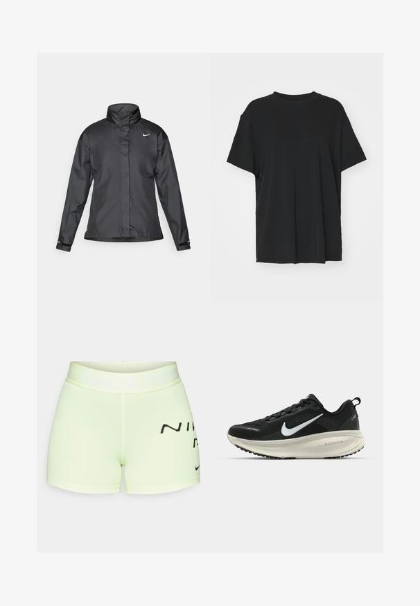Melnā vēja izturīgā jaka ar augstu apkakli, pilnu rāvējslēdzēju priekšpusē un Nike logo uz krūšu; izgatavota no gludas, vieglas auduma.; Melna īsām piedurknēm T-krekli, izgatavots no gludas auduma, ar apaļu kakla izgriezumu un brīvu piegriezumu. Satur sānu šķēlumu, lai nodrošinātu papildu komfortu un gaisa caurlaidību.; Gaiši zaļi sporta šorti no elastīga auduma, ar platu jostu, kurā ir "NIKE PRO" teksts un melna logo akcenta detaļa.; Melnas Nike skriešanas kurpes ar elpojošu acs augšdaļu, baltu Swoosh logotipu, strukturētu apdari un krēmkrāsas ZoomX starpsole.