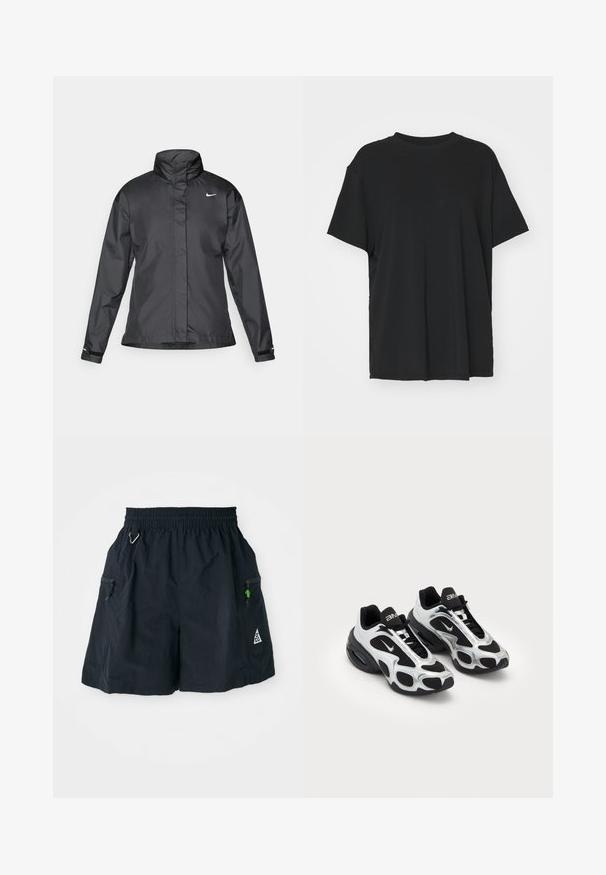Casaco corta-vento preto com colarinho alto, fecho éclair frontal e logótipo da Nike no peito; feito de um tecido suave e leve.; T-shirt preto de manga curta feito de tecido suave, com decote redondo e corte solto. Apresenta aberturas laterais para maior conforto e respirabilidade.; Shorts pretos feitos de um tecido leve, com uma cintura elástica, bolsos laterais com zíperes e um logótipo triangular na bainha.; Sapatos de desporto pretos e prateados com um upper em malha e sintético, apresentando um design ondulado distinto e colarinho acolchoado, com amortecimento de ar na sola.