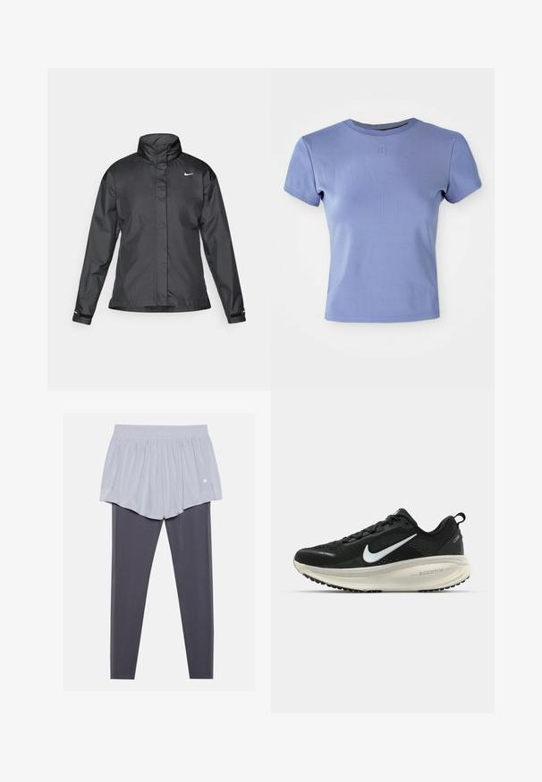 Black windbreaker jacket featuring a high collar, full zip front, and Nike logo on the chest; made of smooth, lightweight fabric.; Light purple fitted t-shirt made of ribbed fabric, featuring a crew neckline and short sleeves. Includes a small logo accent on the chest.; Light gray athletic shorts with an elastic waistband layered over dark gray leggings. Both materials are smooth, stretchy, and fitted.; Black Nike running shoe with breathable mesh upper, white swoosh logo, textured detailing, and a cream-colored ZoomX midsole.