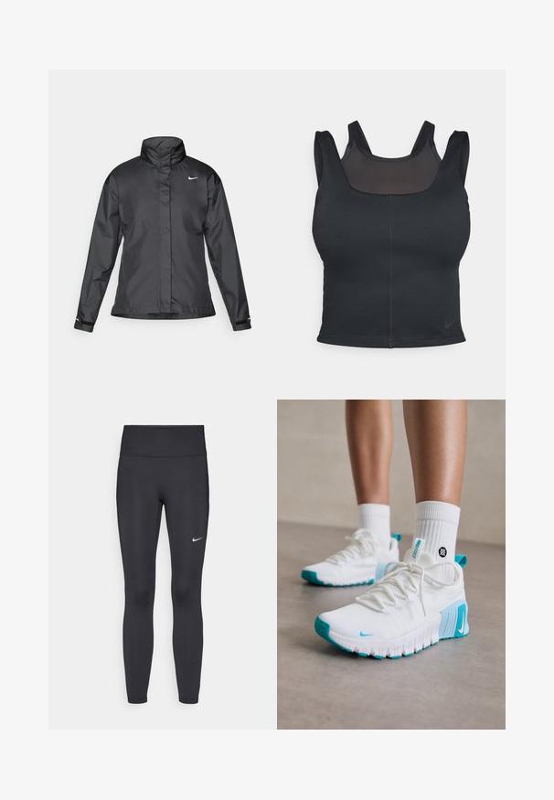 Black windbreaker jacket featuring a high collar, full zip front, and Nike logo on the chest; made of smooth, lightweight fabric.; Black sports bra featuring a fitted design, wide straps, and a mesh overlay on the front. Smooth texture and minimal seams. Nike logo on hem.; Black leggings made of stretchy fabric, featuring a high waistband and a white Nike logo on the left thigh. Smooth texture, form-fitting design.; White athletic shoes with turquoise accents, textured upper, flexible sole, and laces. Worn with white crew socks.