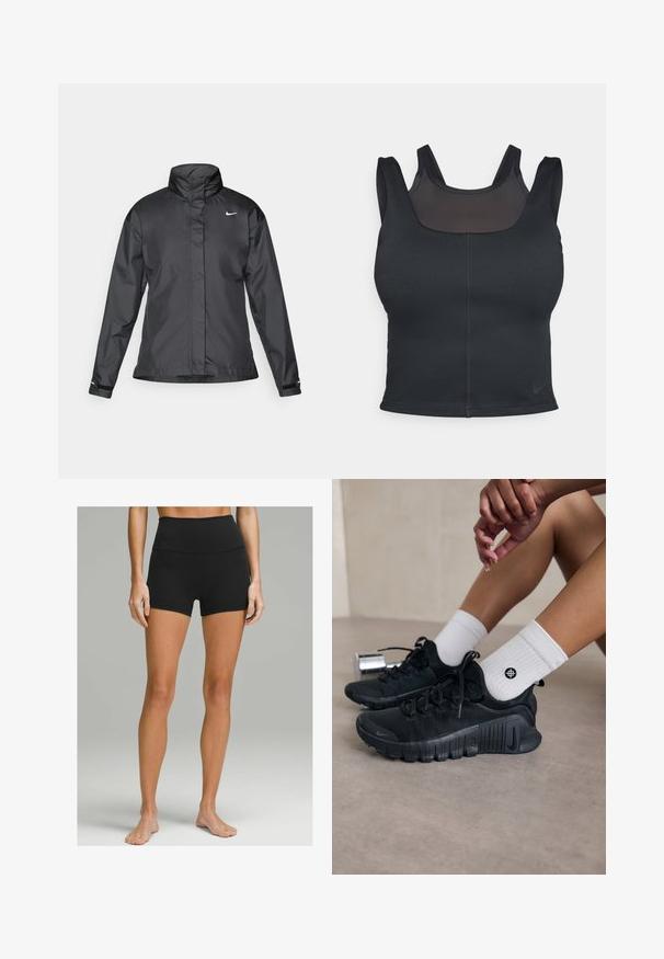 Fekete szélálló dzseki magas gallérral, teljes cipzárral elöl és Nike logóval a mellkason; sima, könnyű anyagból készült.; Fekete sportrész a testhezálló kialakítása, széles pántjai és hálós borítása miatt. Sima tapintás és minimális varrások. Nike logó a szegélyén.; Fekete, magas derekú, rugalmas anyagból készült sort, sima textúrával, testhezálló fazonnal és térd közepéig érő hosszúsággal. Nincs látható díszítés.; Fekete sportcipők texturált anyagból, fűzős kialakítással és hangsúlyos talppal, fehér bordás zoknikkal párosítva, melyek kis logóval rendelkeznek.