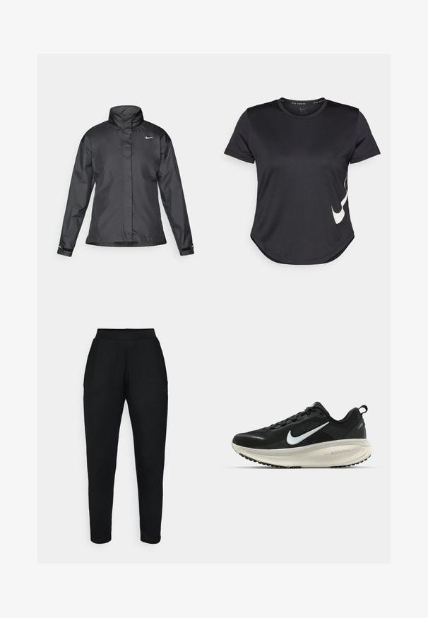 Crna vremenska jakna s visokim ovratnikom, punim zatvaračem sprijeda i Nike logom na grudima; izrađena od glatkog, laganog materijala.; Crna atletska majica kratkih rukava, s bijelim Nike swoosh logotipom na donjoj strani i zaobljenim rubom.; Crne taperirane hlače s elastičnim pojasom, koje sadrže bočne džepove i imaju glatku, mekanu teksturu. Pogodne za ležernu ili aktivnu odjeću.; Crne Nike trkačke tenisice s prozračnom mrežastom gornjom konstrukcijom, bijelim swoosh logotipom, teksturiranim detaljima i kremastom ZoomX srednjom potplatnom jedinicom.