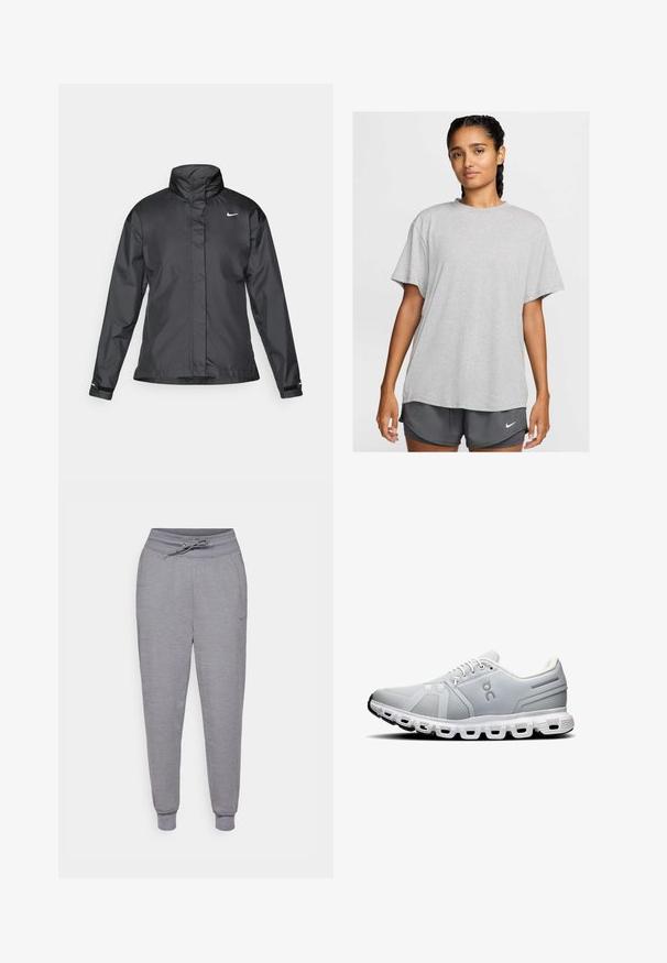 Zwarte windjack met een hoge kraag, volledige rits aan de voorkant en het Nike-logo op de borst; gemaakt van gladde, lichte stof.; Lichtgrijze katoenen t-shirt met een relaxte pasvorm, korte mouwen en ronde halslijn, gecombineerd met donkergrijze shorts met een logo.; Grijze taps toelopende joggingbroek met een tailleband met trekkoord, elastische boorden en een subtiele Nike-logo op de linker bovenbeen. Zachte, gestructureerde stof.; Lichtgrijze sportchoenen met een bovenwerk van mesh, witte veters en een segmentzool in het wit. Bevat een logo en subtiele ontwerplijnen aan de zijkanten.