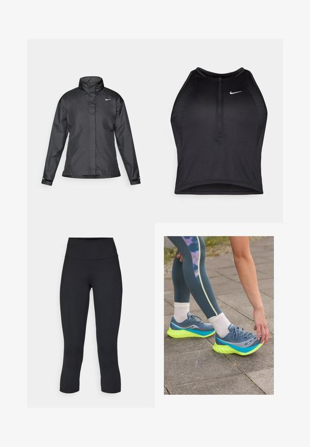 Černý větrový kabát s vysokým límcem, plným zipem vpředu a logem Nike na hrudi; vyrobený z hladké, lehké tkaniny.; Černý sportovní crop top se zipem vpředu, síťovými detaily a přiléhavým střihem. Vyrobený z elastického, prodyšného materiálu. Logo Nike na přední straně.; Černé zkrácené legíny vyrobené z pružné látky, s vysokým pasem a hladkou texturou, bez viditelných vzorů nebo kovových prvků.; Saucony ENDORPHIN PRO 4 - Silniční běžecké boty - mirage/citron