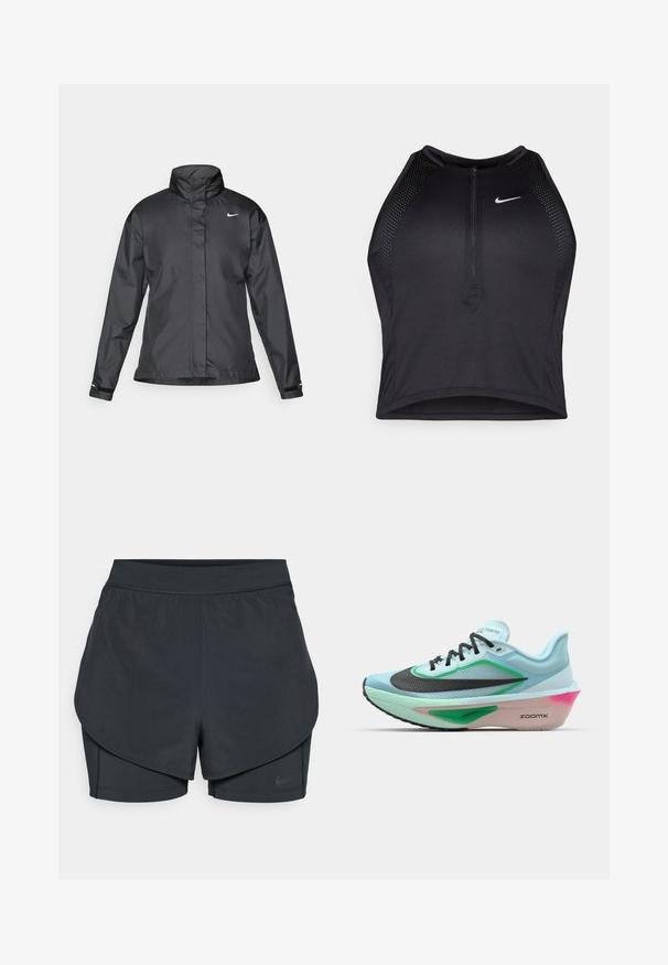 Casaco corta-vento preto com colarinho alto, fecho éclair frontal e logótipo da Nike no peito; feito de um tecido suave e leve.; Top cropped atlético preto com fecho à frente, acentos em malha e um design ajustado. Feito de tecido elástico e respirável. Logótipo da Nike na frente.; Calções desportivos pretos com um design em camadas, apresentando uma camada exterior suave e calções interiores ajustados. Feitos de um tecido leve e elástico.; Sapatilha de corrida azul claro com parte superior em malha preta texturizada, detalhes verdes, entressola com um tom rosado e sola de borracha. Apresenta atacadores e logotipo.