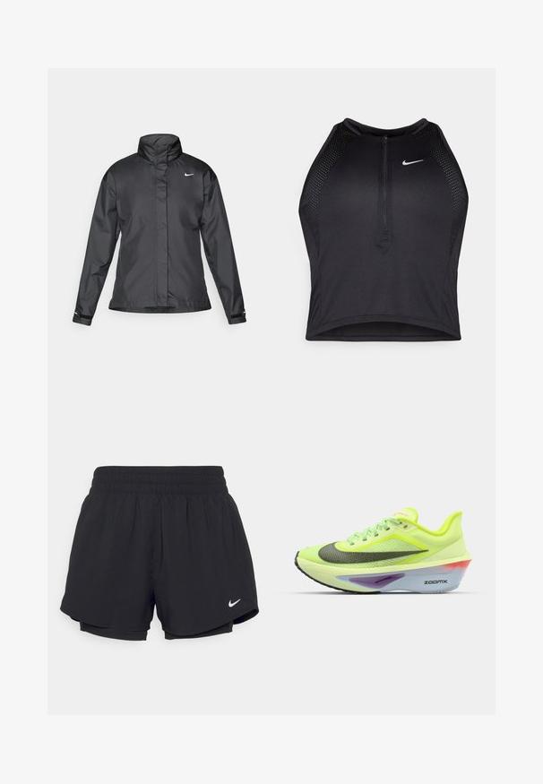 Jachetă neagră tip windbreaker cu guler înalt, fermoar înaintat și logo Nike pe piept; fabricată dintr-un material neted și ușor.; Top sportiv black, cu croială scurtă, cu fermoar în față, accente din plasă și un design ajustat. Fabricat dintr-un material elastic și respirabil. Logo-ul Nike pe față.; Shorts atletici negri cu un talie elastică strânsă, căptușeală interioară și logo-ul alb Nike în partea stângă jos. Material neted și ușor.; Tenis verde și galben pentru alergare, cu un superior din plasă, vârf rotunjit, accente negre și argintii, și un sole din spumă multicoloră cu marca "ZOOMX".