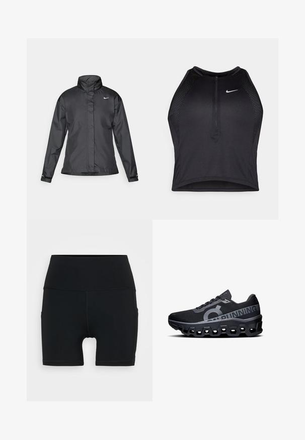 Juoda vėjui atspari striukė su aukštu apykakle, visišku užtrauktuku priekyje ir Nike logotipu krūtinėje; pagaminta iš lygaus, lengvo audinio.; Juodas sportinis trumpas viršus su užtrauktuku priekyje, tinklinėmis detalėmis ir prigludusia forma. Pagamintas iš tamprios, kvėpuojančios medžiagos. Nike logotipas priekyje.; Juodi sportiniai šortai pagaminti iš tamprios medžiagos, su aukštu juosmeniu, prigludusia forma ir plokščiais siūlais, užtikrinančiais komfortą bei ilgaamžiškumą.; Juodos bėgimo bateliai su tekstūruota tinkline viršune, įrengti ryškų logotipą ir atspindinčius akcentus. Storas putplasčio padas su šešiakampėmis išpjovomis.