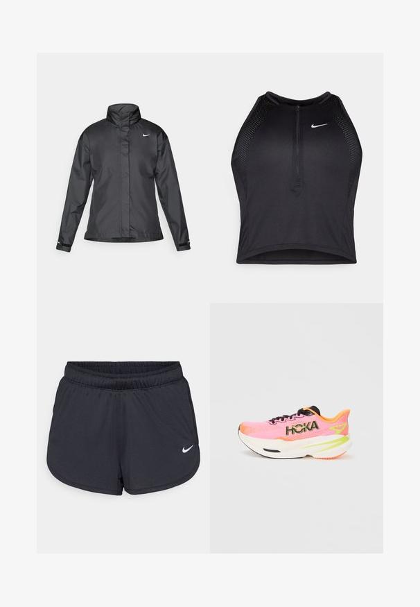 Giacca a vento nera con colletto alto, chiusura full zip e logo Nike sul petto; realizzata in tessuto leggero e liscio.; Top corto atletico nero con zip frontale, dettagli in rete e un design aderente. Realizzato in tessuto elasticizzato e traspirante. Logo Nike sul davanti.; Pantaloncini sportivi neri realizzati in tessuto leggero e traspirante. Caratterizzati da una vita elastica e dal logo Nike bianco sul lato inferiore destro.; Scarpa da corsa rosa con tomaia in rete, lacci neri e logo "HOKA" ben visibile. Presenta una suola bianca imbottita con accenti arancioni e verdi.