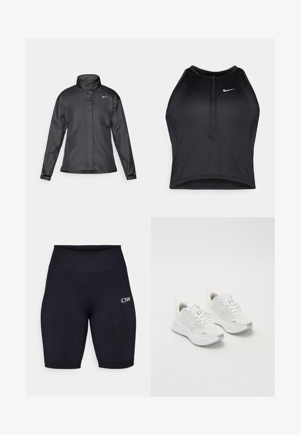 Chaqueta cortavientos negra con cuello alto, cierre frontal de cremallera completa y logo de Nike en el pecho; fabricada con un tejido suave y ligero.; Top corto deportivo negro con cremallera frontal, detalles de malla y un diseño ajustado. Fabricado con tejido elástico y transpirable. Logo de Nike en la parte frontal.; Pantalones cortos de ciclismo negros hechos de tela elástica con una alta cintura. Presenta un pequeño logo blanco en el muslo izquierdo y una textura suave.; Zapatillas deportivas blancas con parte superior de malla texturizada, suela acolchada y sutiles acentos grises. Incluye un logotipo y una pestaña en el talón para facilitar su uso.