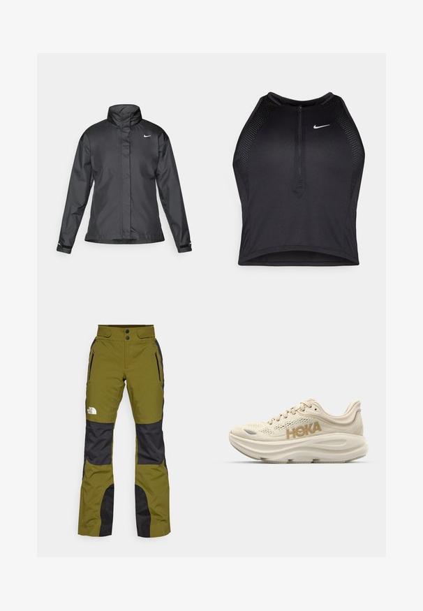 Musta tuulitakki, jossa on korkea kaulus, vetoketjullinen etuosa ja Nike-logo rinnassa; valmistettu sileästä ja kevyestä kankaasta.; Musta urheilullinen crop-top, jossa on vetoketjukiinnitys, verkkokankaiset yksityiskohdat ja istuva malli. Valmistettu joustavasta ja hengittävästä kankaasta. Nike-logo edessä.; Olivinvihreät ulkoiluhousut mustilla yksityiskohdilla, valmistettu kestävästä materiaalista. Varustettu kahdella vetoketjullisella taskulla ja kaksinappisella vyötäröllä.; Vaalea beige juoksukenkä, jossa on verkkomainen päällinen, pehmustettu kaulus, näyttävä "HOKA" -logo kullassa sekä paksu, pehmeä pohja mukavuutta varten.