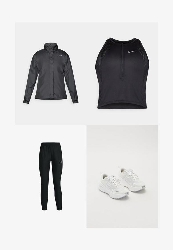 Melnā vēja izturīgā jaka ar augstu apkakli, pilnu rāvējslēdzēju priekšpusē un Nike logo uz krūšu; izgatavota no gludas, vieglas auduma.; Melnā sportiskā augšdaļa ar rāvējslēdzēju priekšpusē, acs akcenti un pieguloša dizaina. Izgatavota no elastīga, elpojoša auduma. Nike logo priekšpusē.; Melnas sporta leggingas ar elastīgu jostu, kas piedāvā pieguļušu formu un nelielu baltu logo kreisajā apakšējā daļā. Gluda tekstūra.; Baltas sporta apavi ar teksturētu sieta augšdaļu, mīkstinātu zoli un smalkiem pelēkiem akcentiem. Iekļauj zīmolu un cilpu papēža cilpu vieglai uzvilkšanai.