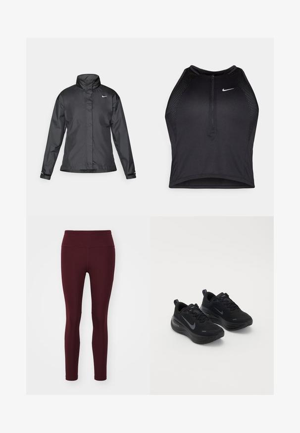 Black windbreaker jacket featuring a high collar, full zip front, and Nike logo on the chest; made of smooth, lightweight fabric.; Black athletic crop top with a zip-front, mesh accents, and a fitted design. Made from stretchy, breathable fabric. Nike logo on front.; Maroon leggings made of stretch fabric with a high waistband, featuring a smooth texture and fitted silhouette, without patterns or accents.; Black athletic shoes with a textured upper, lace-up design, and a thick, cushioned sole. Features a grey Nike logo on each side.