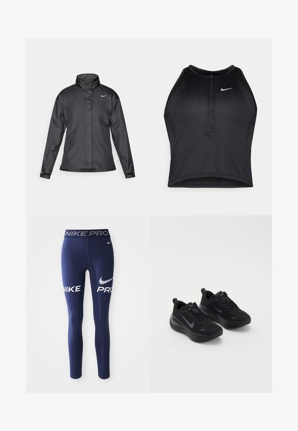 Svarte vindjakke med høy krage, full glidelås foran og Nike-logo på brystet; laget av glatt, lett materiale.; Svart idretts crop top med glidelås foran, mesh-detaljer og en figurvennlig design. Laget av elastisk, pustende materiale. Nike-logo på forsiden.; Mørkeblå treningslegginger laget av elastisk stoff, med "NIKE" og "PRO" i fet hvit skrift på sidene og et mønstret livbelt.; Svarte treningssko med teksturert overdel, snøring og tykk, dempet såle. Har en grå Nike-logo på hver side.